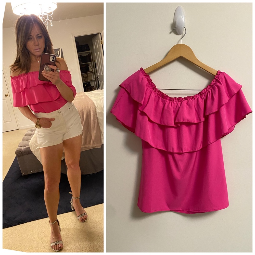 NWOT Bright Pink Off-Shoulder Ruffle Blouse SMALL